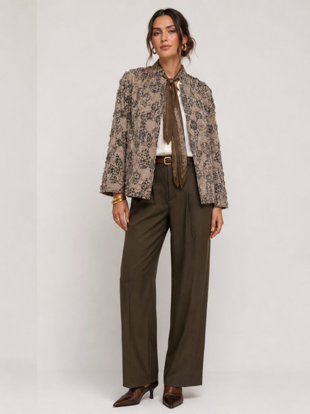 Chico's Tan and Black Silk Linen 3D Applique Floral Jacket